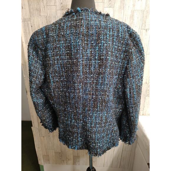 Anne Klein Women's Open woven fringed fully lined Blue tweed metallic Jacket 12 - Picture 4 of 12